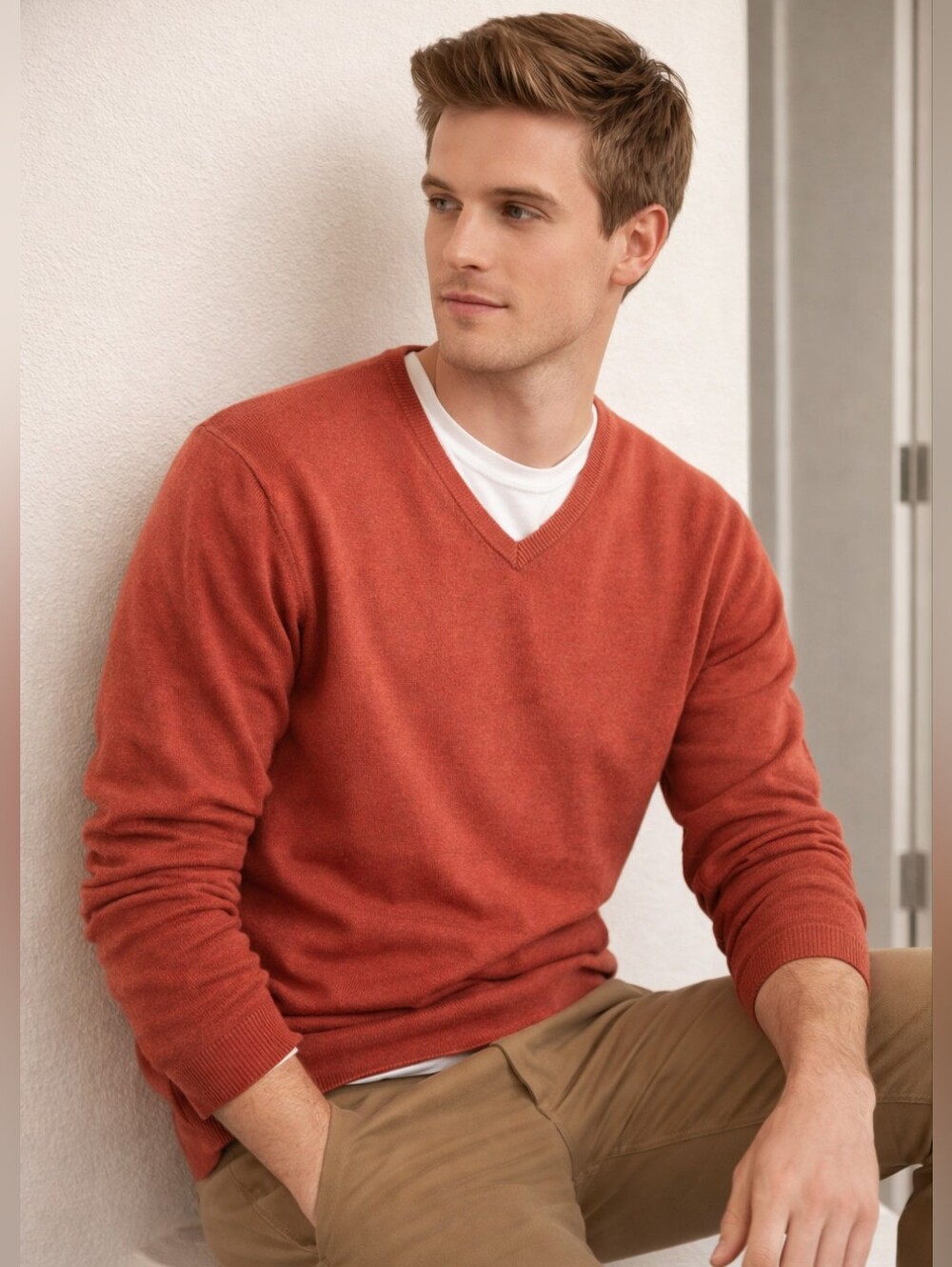 MASSIMO DUTTI COTTON SILK CASHMERE BLEND V- NECK SWEATER. SIZE XXL  RUST